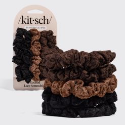 Black. Chocolate. & Mocha Ruched Lace Scrunchies 5pc Set
